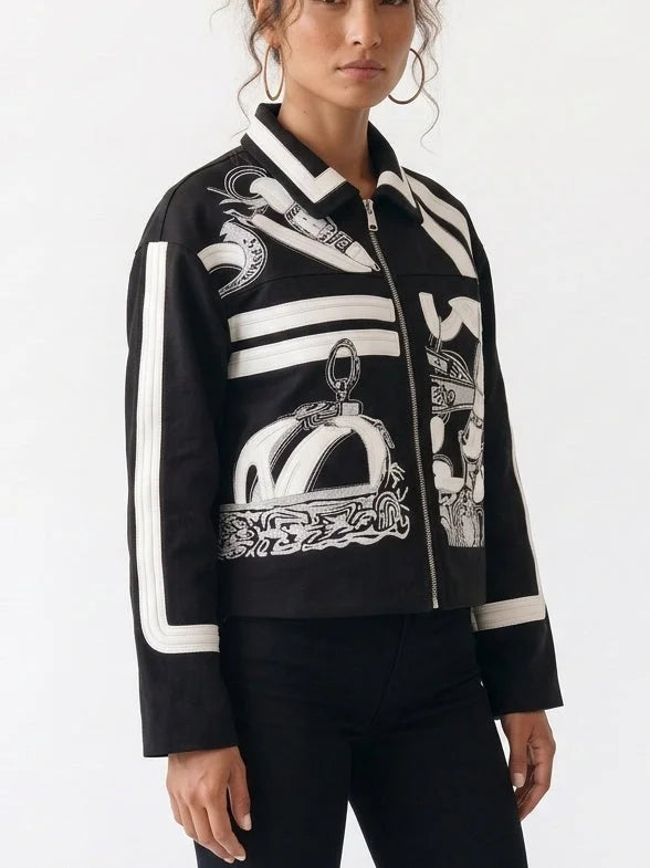 Black and White Ornamental Embroidered Cashmere Jacket - Jackets