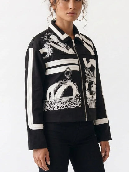 Black and White Ornamental Embroidered Cashmere Jacket - Jackets