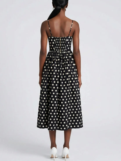 Black and White Polka Dot Cotton Midi Dress - Dresses