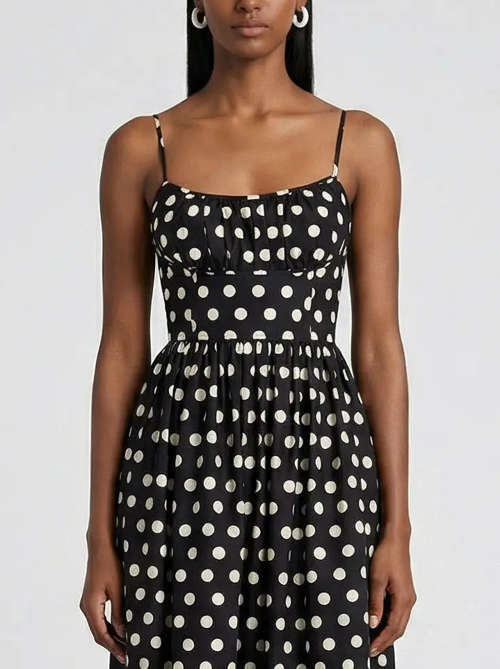 Black and White Polka Dot Cotton Midi Dress - Dresses