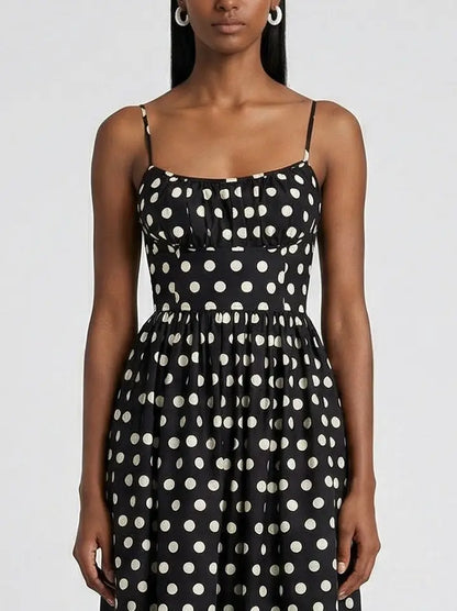 Black and White Polka Dot Cotton Midi Dress - Dresses