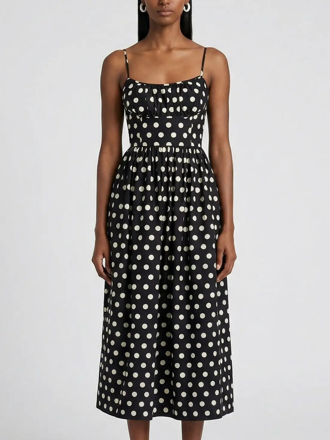 Black and White Polka Dot Cotton Midi Dress - Dresses