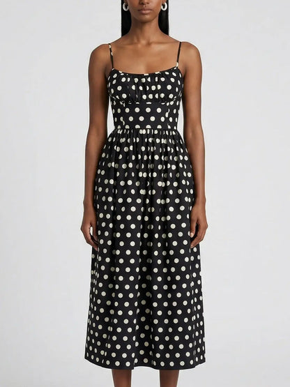 Black and White Polka Dot Cotton Midi Dress - Dresses