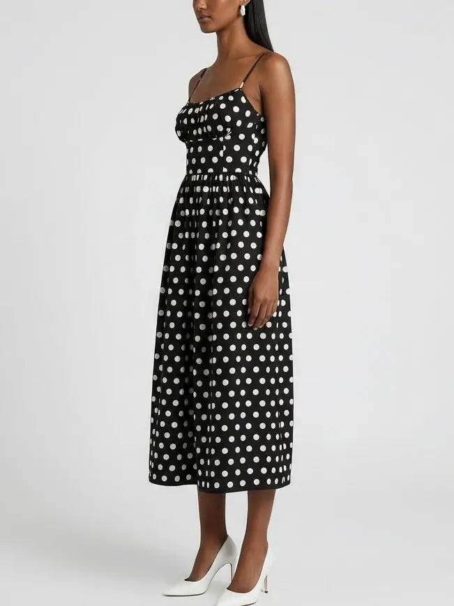 Black and White Polka Dot Cotton Midi Dress - Dresses