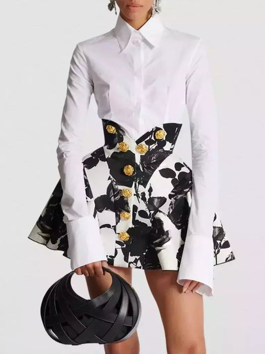Black and White Roses Short Tulip Skirt