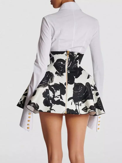 Black and White Roses Short Tulip Skirt