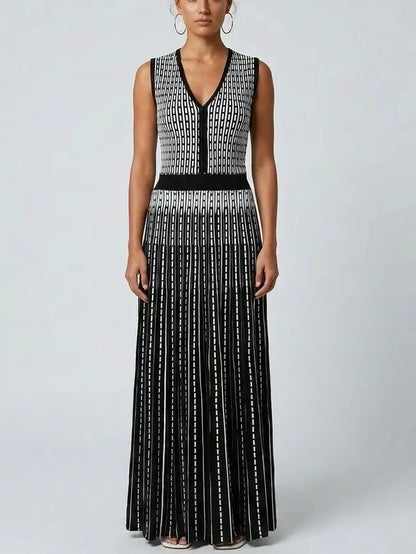 Black and White Striped Wool-Blend Midi Dress - Dresses