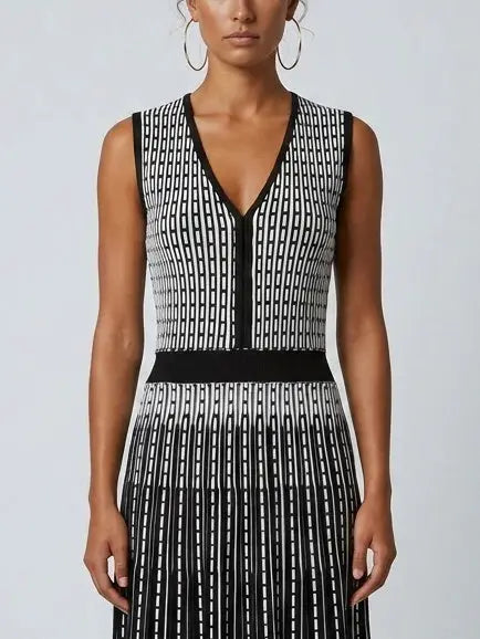 Black and White Striped Wool-Blend Midi Dress - Dresses