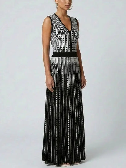 Black and White Striped Wool-Blend Midi Dress - Dresses