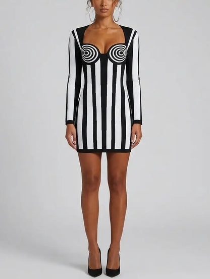 Damask Jacquard Mini Dress in Black and White - Dresses
