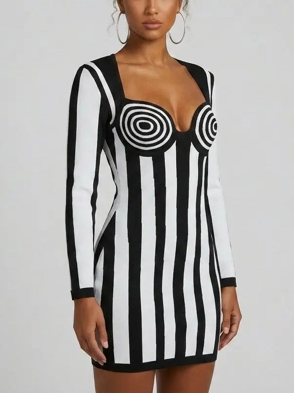 Damask Jacquard Mini Dress in Black and White - Dresses