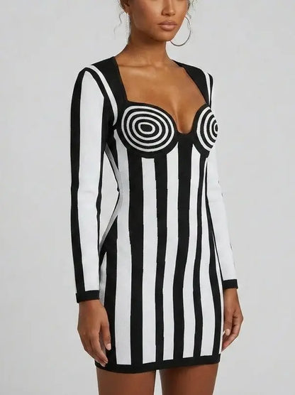 Damask Jacquard Mini Dress in Black and White - Dresses