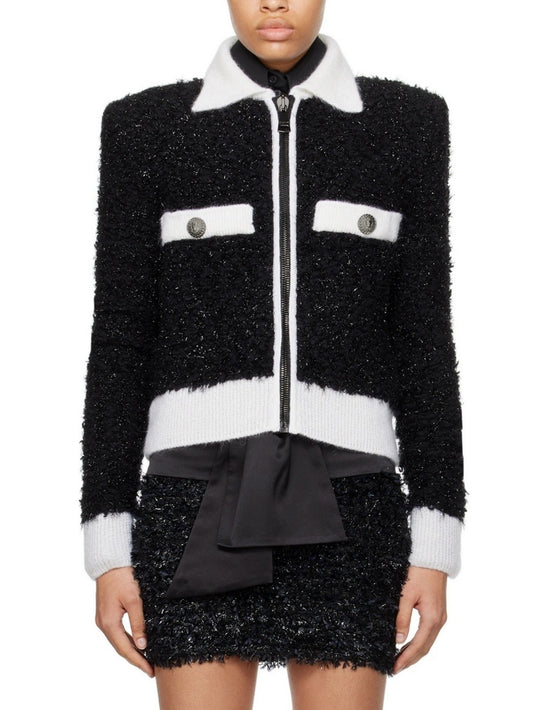 Black and White Tweed Textured Jacket with Zip Closure Branna Couture