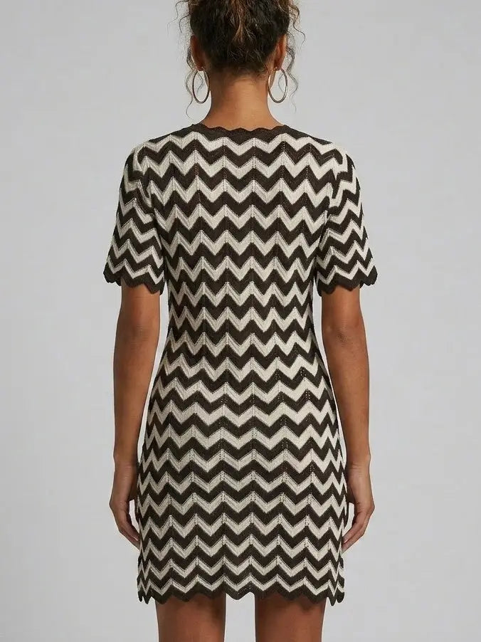 Black and White Zigzag Knit Mini Dress with Button Front - Dresses