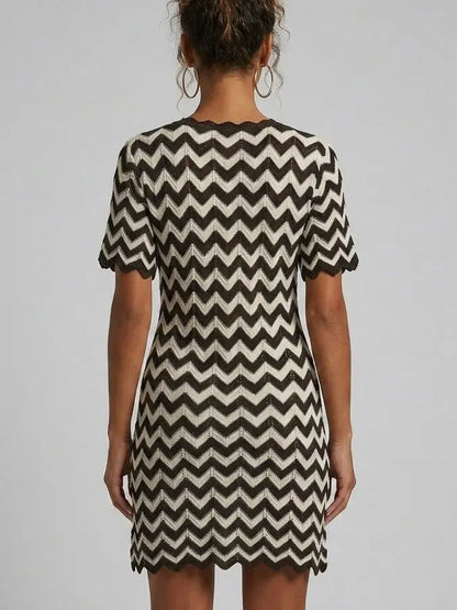 Black and White Zigzag Knit Mini Dress with Button Front - Dresses