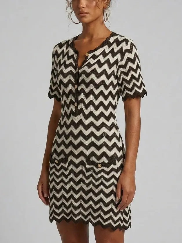 Black and White Zigzag Knit Mini Dress with Button Front - Dresses