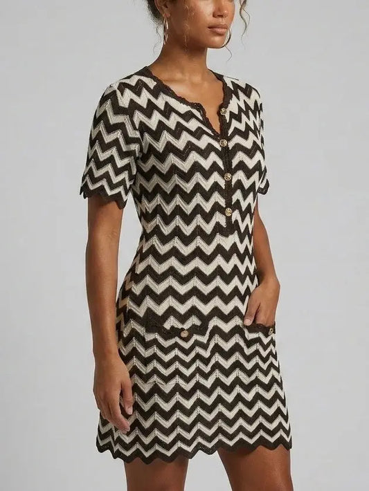 Black and White Zigzag Knit Mini Dress with Button Front - Dresses