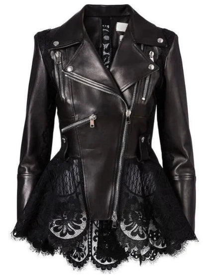 Black Lace Peplum Leather Biker Jacket