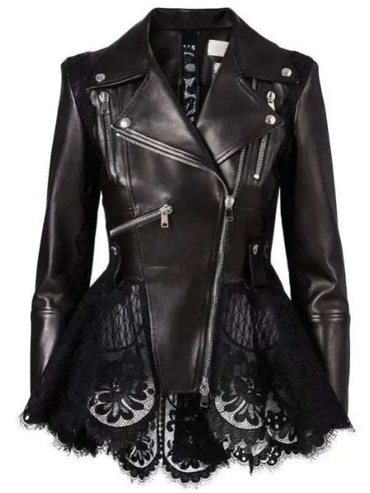 Black Lace Peplum Leather Biker Jacket - Jackets