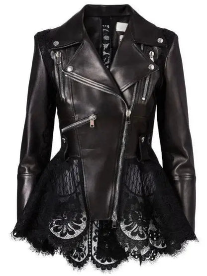 Black Lace Peplum Leather Biker Jacket - Jackets