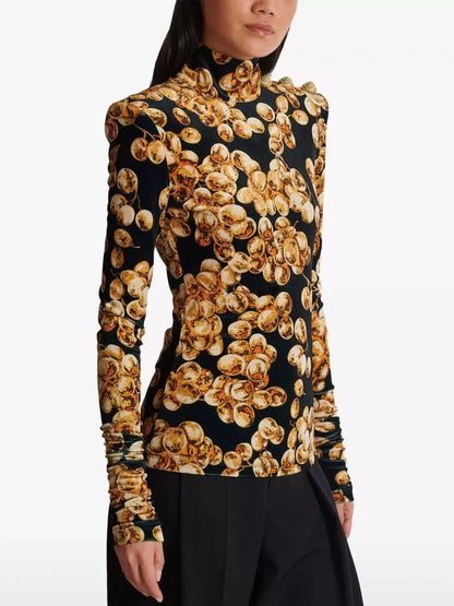 Black with Gold-Tone Grape Print Velvet Top Branna Couture