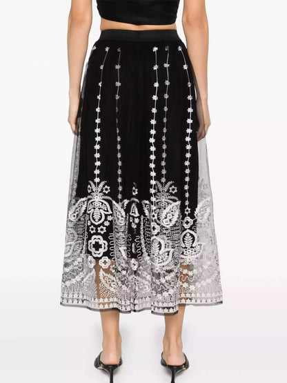 Black with White Embroidery Semi Sheer Overlay Skirt - Skirts