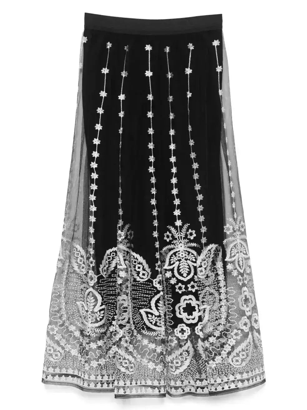 Black with White Embroidery Semi Sheer Overlay Skirt - Skirts