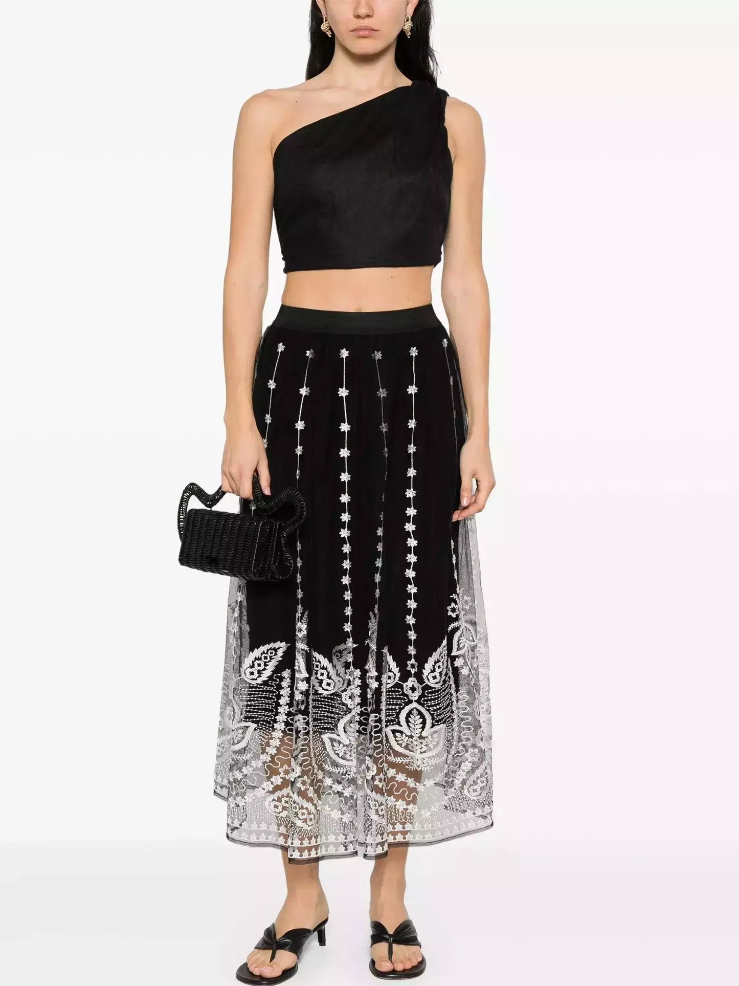 Black with White Embroidery Semi Sheer Overlay Skirt - Skirts