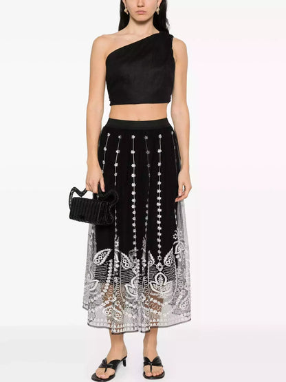 Black with White Embroidery Semi Sheer Overlay Skirt - Skirts