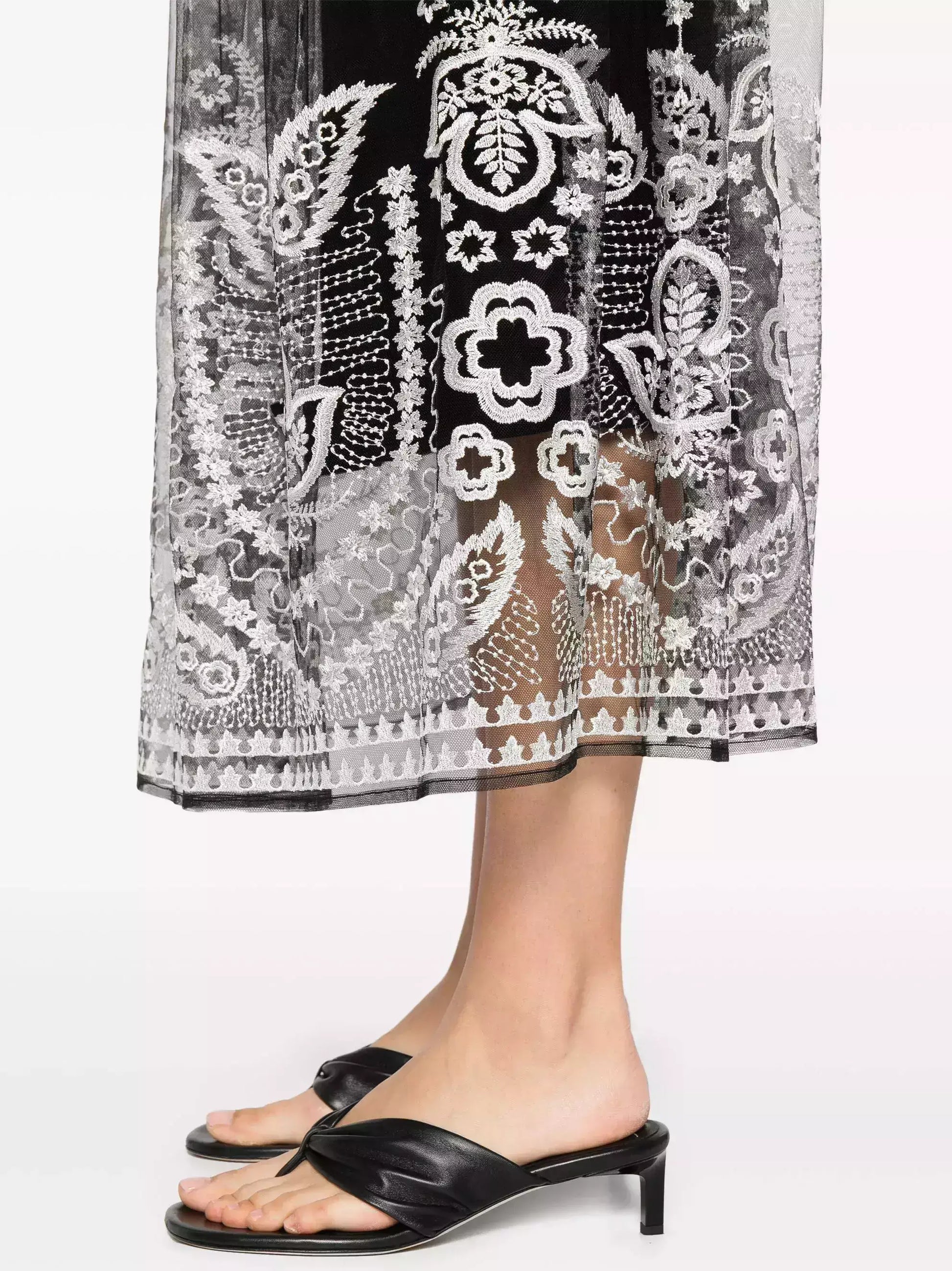 Black with White Embroidery Semi Sheer Overlay Skirt - Skirts