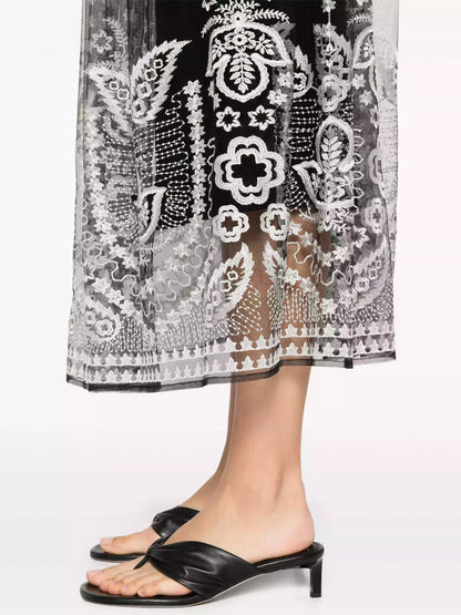 Black with White Embroidery Semi Sheer Overlay Skirt - Skirts