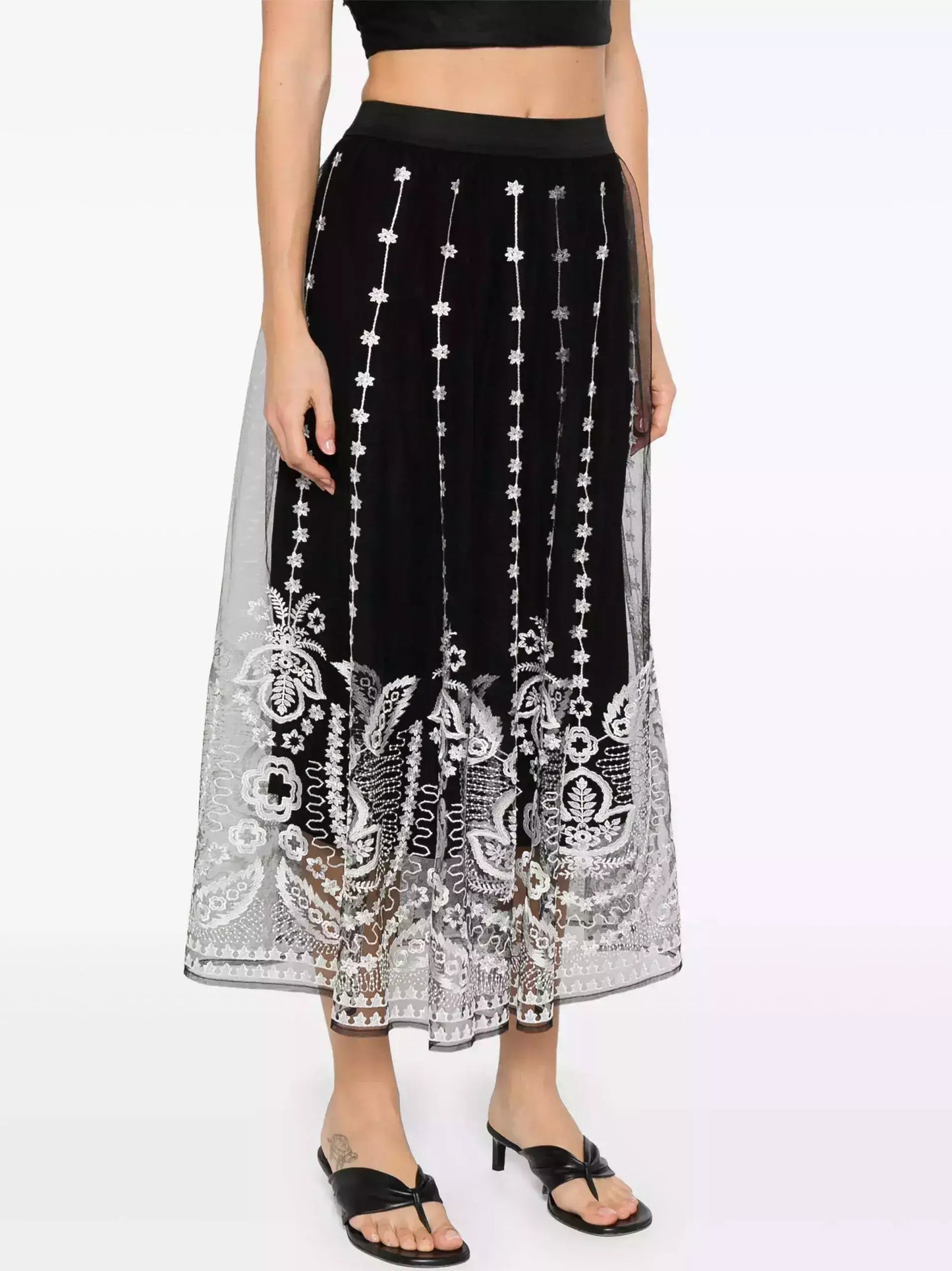 Black with White Embroidery Semi Sheer Overlay Skirt - Skirts