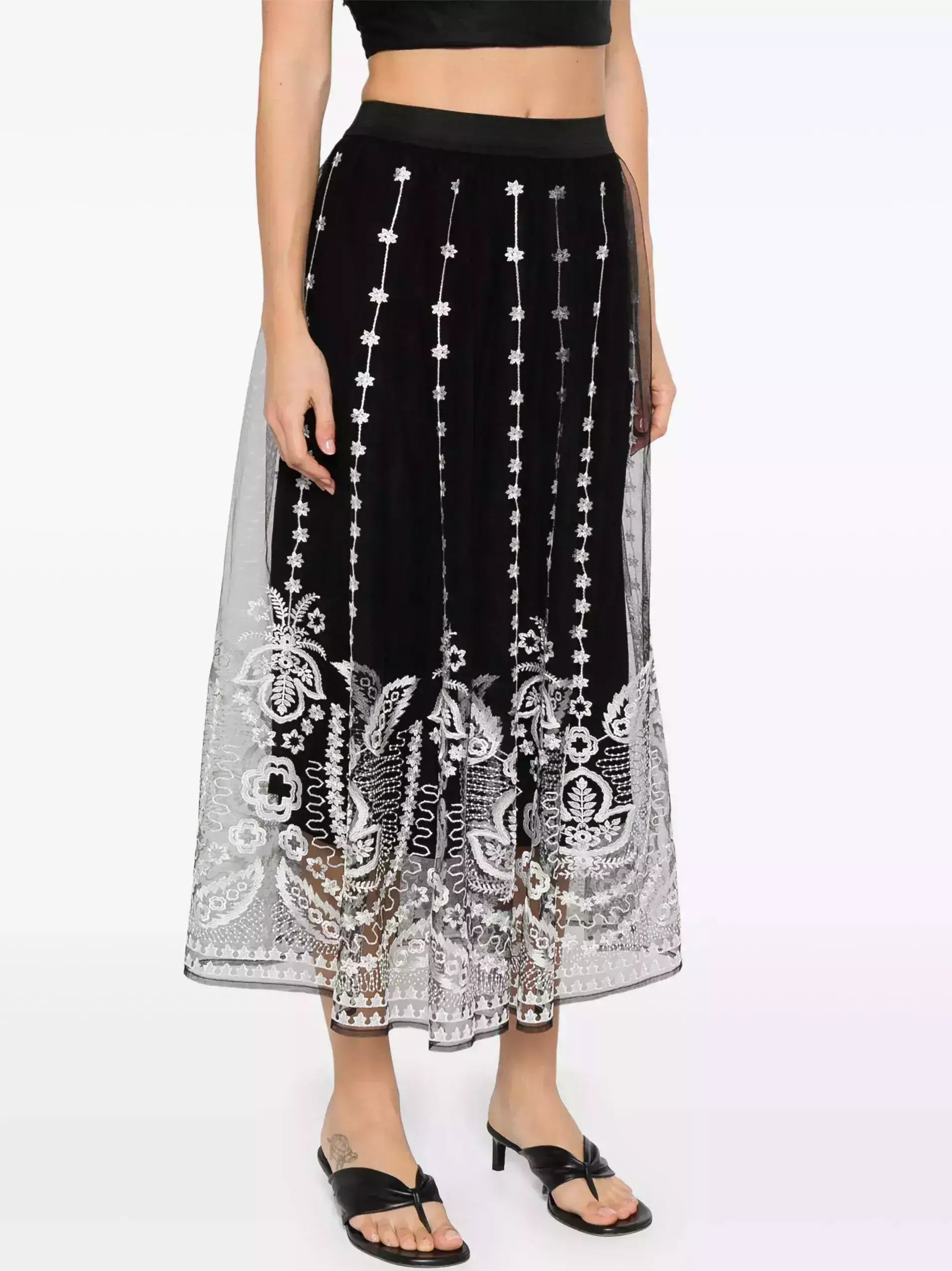 Black with White Embroidery Semi Sheer Overlay Skirt - Skirts
