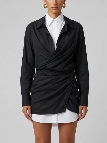 Black and White Draped Layered Shirt Mini Dress - Small - Dresses