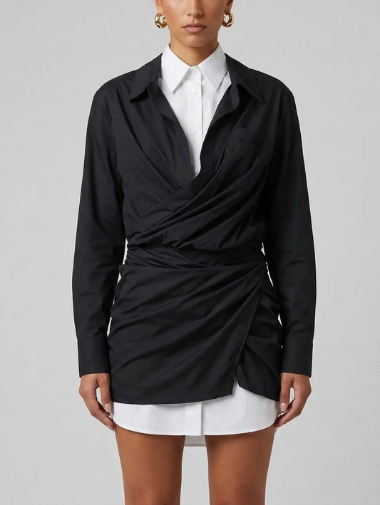 Black and White Draped Layered Shirt Mini Dress - Small - Dresses