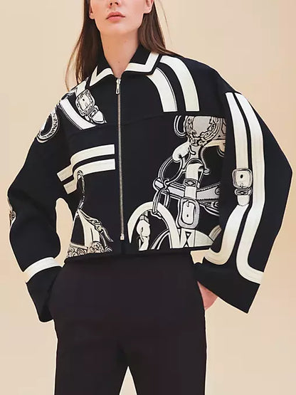 Black and White Embroidered Cropped Zip-Front Cashmere Jacket Branna Couture