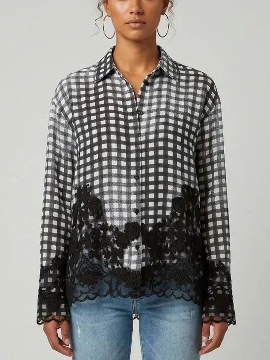 Black and White Gingham Silk Shirt with Lace Trim - Small - Tops
