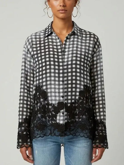 Black and White Gingham Silk Shirt with Lace Trim - Small - Tops