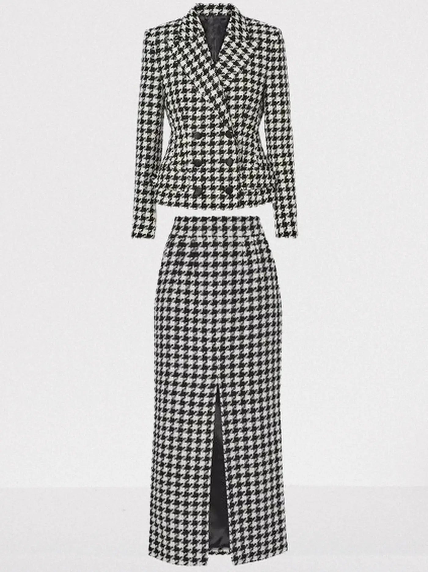Black and White Houndstooth Tweed Blazer and Skirt Set - S - Suits & Sets