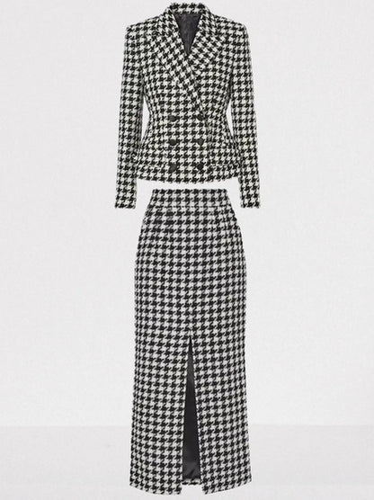 Black and White Houndstooth Tweed Blazer and Skirt Set - S - Suits & Sets