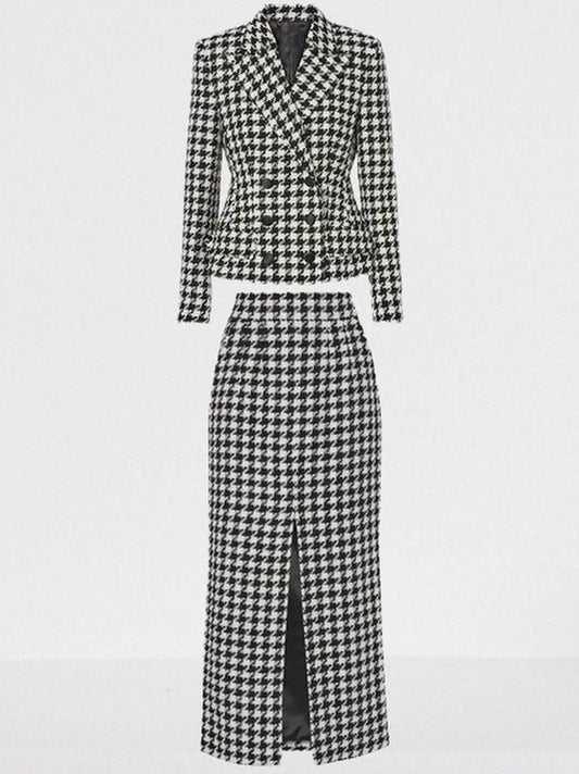 Black and White Houndstooth Tweed Blazer and Skirt Set - S - Suits & Sets