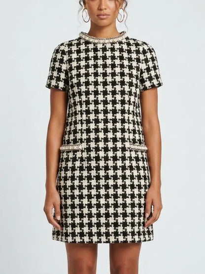 Black and White Houndstooth Tweed Mini Dress - Small - Dresses