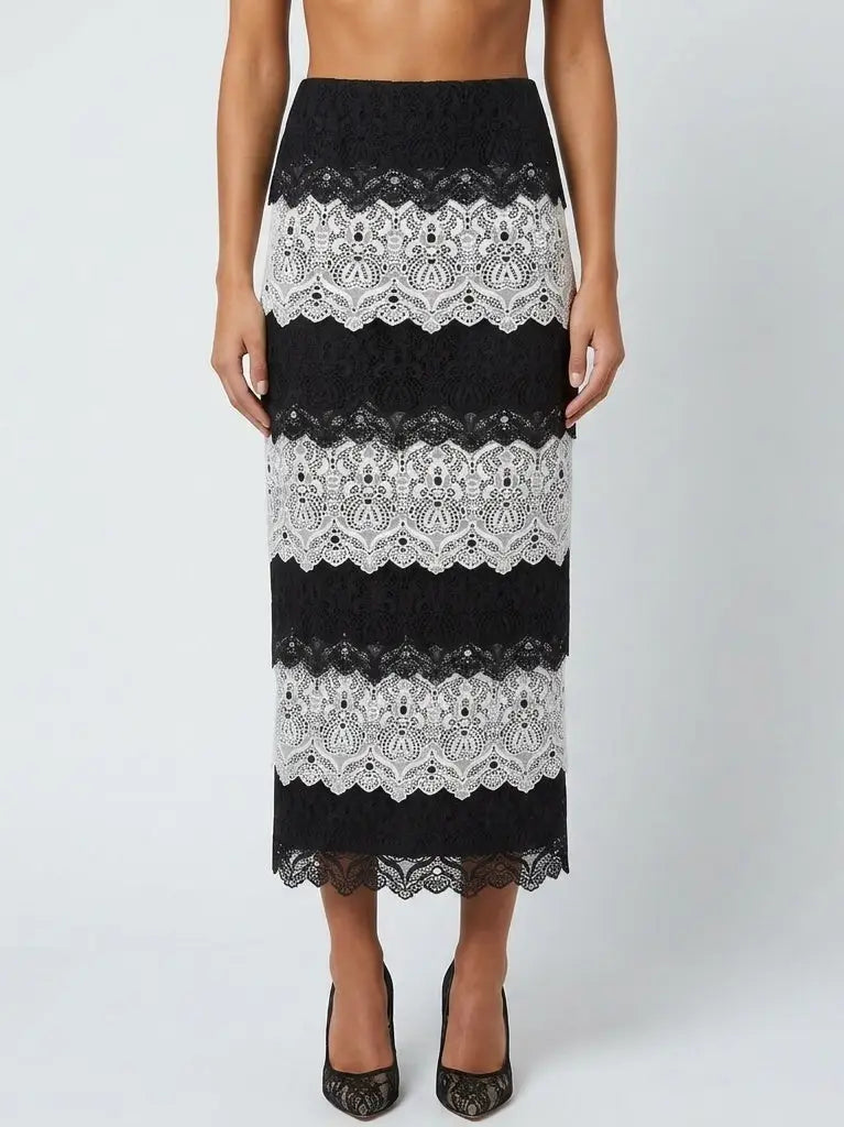 Black and White Lace Tiered Pencil Skirt - XS - Skirts