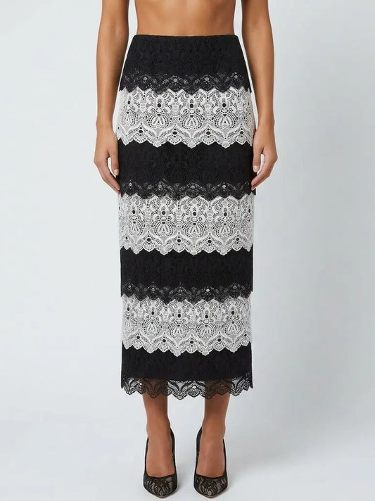 Black and White Lace Tiered Pencil Skirt - XS - Skirts