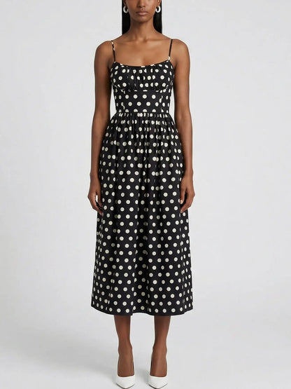 Black and White Polka Dot Cotton Midi Dress - S - Dresses