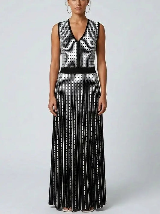 Black and White Striped Wool-Blend Midi Dress - Small - Dresses