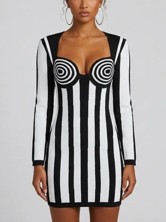 Damask Jacquard Mini Dress in Black and White - Small - Dresses