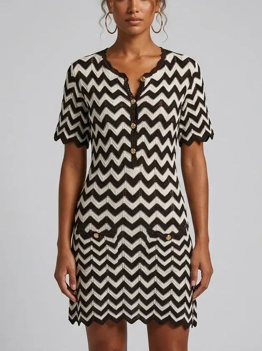 Black and White Zigzag Knit Mini Dress with Button Front - Small - Dresses