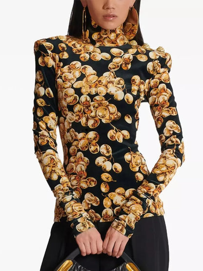 Black with Gold-Tone Grape Print Velvet Top Branna Couture