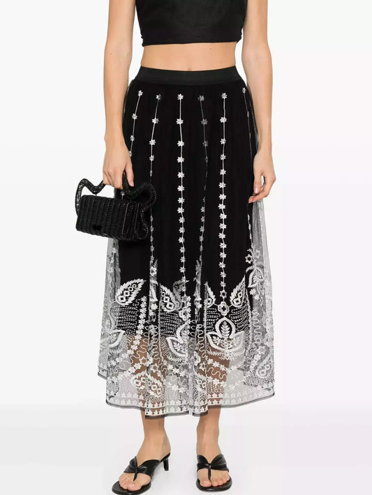 Black with White Embroidery Semi Sheer Overlay Skirt - Small - Skirts